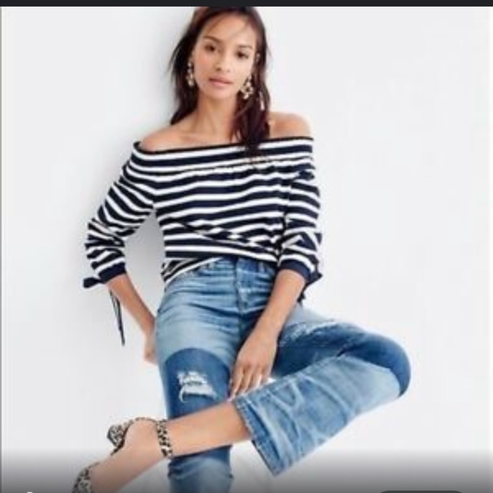 New J Crew striped off shoulder tie sleeve top XL